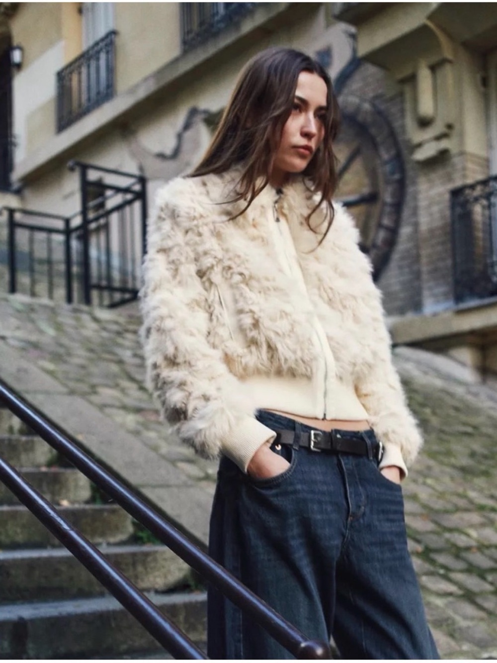 ZARA FAUX FUR BOMBER JACKET ECRU Small